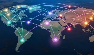Global network on the map of the world. 3D illustration.