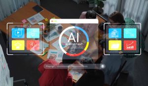 Team Collaboration with AI Assistant in a Modern Office Setting, Showcasing Technology and Innovation in Workplace Productivity and Creativity